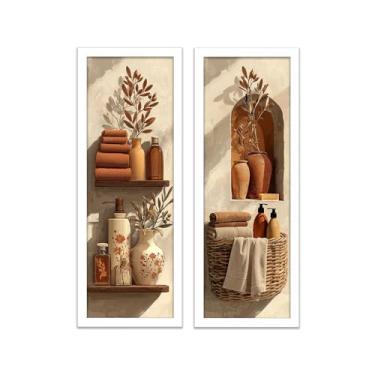 Imagem de Kit 2 quadros 18x45 banheiro, lavabo vasos, flor terracota- Decoração Moderna para Banheiro, Lavabo e Corredor(Branca)