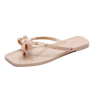 Imagem de OMGard Sandálias femininas cravejadas com laço, sapatos gelatinosos, bege, tamanho plano, tamanho 40, chinelos de dedo quadrado sem cadarço com rebites, Bege novo, 35