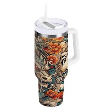 Imagem de xigua Copo vintage com estampa de dragão de 850 g com tampa e canudo, aço inoxidável de vácuo duplo isolado garrafa de água esportiva suporte para copo de café de viagem à prova de vazamento para