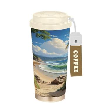 Imagem de SEHANY Caneca de viagem Summer Sea Beach Starfish 482 g Copos de café reutilizáveis revestidos de cerâmica com tampa à prova de vazamento, parede dupla, isolamento a vácuo, copo de café de aço