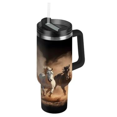 Imagem de SEHANY Copo Majestic Horse 1,134 g com tampa e canudo, aço inoxidável de vácuo duplo isolado garrafa de água esportiva suporte para copo de café de viagem à prova de vazamento para bebida gelada
