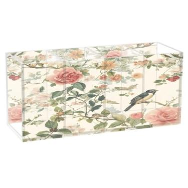 Imagem de SEHANY Lindo porta-canetas de acrílico com flores em aquarela, pássaro, 4 compartimentos, porta-lápis transparente, organizador de pincéis de maquiagem, organizador de papelaria para escritório, casa