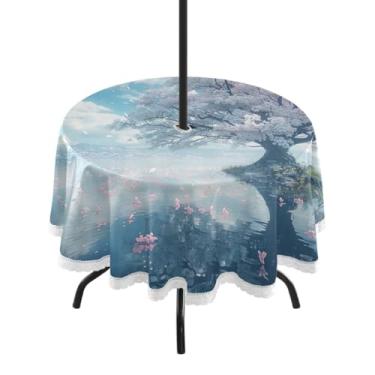 Imagem de Blueangle Toalha de mesa redonda de cerejeira branca impermeável de 152 cm com orifício para guarda-chuva - Tecido resistente à prova de sol para todos os climas para pátio, acampamento, piquenique