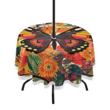 Imagem de ATTX Toalha de mesa redonda com borboleta laranja - 152 cm, impermeável, à prova de derramamento, uso interno/externo, com orifício para guarda-chuva com zíper para acampamento, piquenique, praia