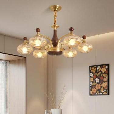 Imagem de Luminária pendente de latão antigo, estilo moderno de meados do século XX, para sala de estar, sala de jantar, quarto, escritório, lustre de estilo retrô Zhongshan em cobre (6 lâmpadas).