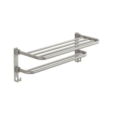Imagem de Porta Toalha Suporte Toalheiro Banheiro Duplo Aço Inox Premium Retratil 90° Sem adesivos, precisa fazer furos porta toalha banheiro(prata)