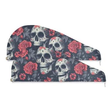 Imagem de SEHANY Toalha de cabelo de microfibra rosa e caveira para mulheres, 2 peças, turbantes de cabelo de secagem rápida com botão, touca de cabelo seco absorvente toalha de secagem de cabelo para cabelos