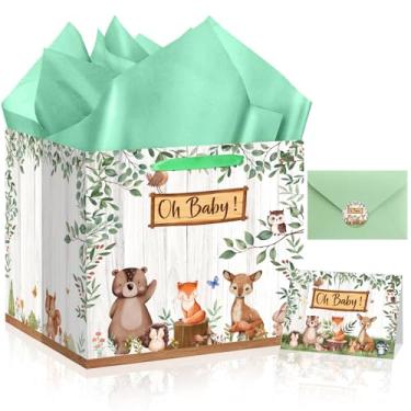 Imagem de Sacos extragrandes para presente de bebê, saco quadrado de chá de bebê de animais da floresta, bolsa de presente jumbo com adesivo de cartão de papel de embrulho envelope para novos pais