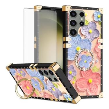 Imagem de Asuwish Capa de celular para Samsung Galaxy S23 Ultra 5G capa magnética com protetor de tela de vidro temperado e anel de flor de pintura suporte rígido S23Ultra 23S S 23 23Ultra 17.3 cm feminino