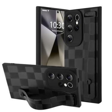 Imagem de OOK Capa de telefone compatível com Samsung Galaxy S24 Ultra silicone com alça, padrão xadrez moderno para mulheres e meninas, alça de dedo ajustável, capa protetora fina, preta quadriculada
