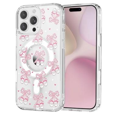 Imagem de OFQKOAKS Capa para iPhone 15 Pro, compatível com MagSafe, linda capa de telefone magnética festiva de Natal com laço de Papai Noel, capa protetora fina e transparente para mulheres e meninas