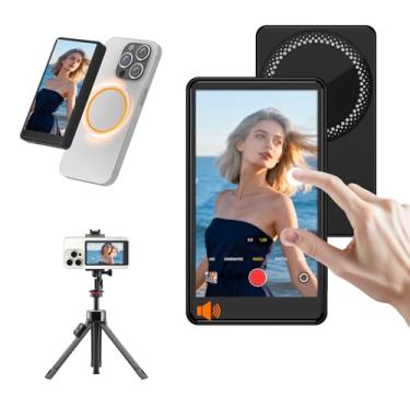 Imagem de Tela de monitor de selfie para iPhone com som e toque, tela de selfie magnética sem fio, alto-falante/obturador integrado, use câmera traseira do telefone para Vlog|TK|Transmissão ao vivo (preta, para