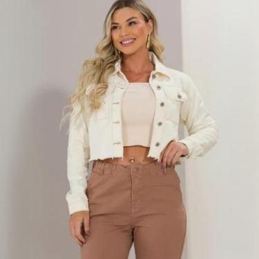 Imagem de Jaqueta Feminina Cropped Jeans Barra Desfiada Fecho em Botão Bolso Frontal Manga Longa com Botão-Feminino