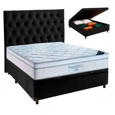 Imagem de Cama Box Baú Preto + Colchão Casal Freedom Ortobom E Cabeceira