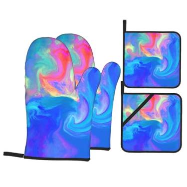 Imagem de Pintura líquida - Conjunto de luvas de cozinha estampadas com suportes de tampa, luvas de forno resistentes ao calor para manusear panelas quentes, grelhar, churrascos, kit de 4 peças.