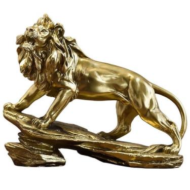 Imagem de YANTIANCAI Estátua de resina de leão dourado para decoração de casa, presente para leão forte rugindo, decoração de casa de escritório colecionável (dourado)