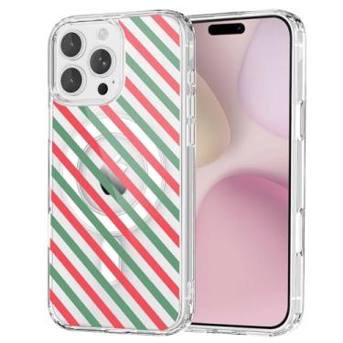 Imagem de OFQKOAKS Capa magnética de Natal para iPhone 16 Pro, compatível com MagSafe, capa de telefone com design de listras vermelhas e verdes fofas, capa protetora transparente e macia para mulheres e