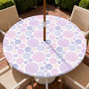 Imagem de Yesad Toalha de mesa redonda para uso ao ar livre com orifício para guarda-chuva, toalha de mesa com zíper e borda elástica, capa de toalha de mesa à prova d'água para piqueniques, serve para mesa