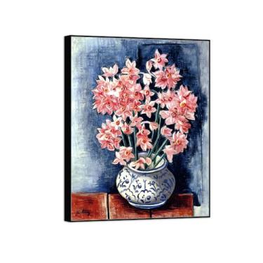 Imagem de BMZFYBS Pintura de arte de parede de flores - imagem de decoração vintage - vaso de narciso - impressões em tela moldura preta para sala de estar 50 x 65 cm 20 x 26 pol