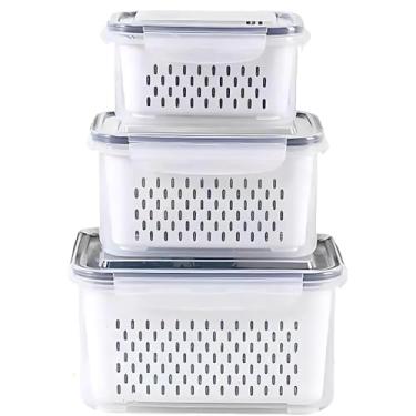 Imagem de Kit 3 Potes Organizadores Herméticos para Geladeira com Trava nas Tampas e Cesto Escorredor Removível – Organizador de Alimentos, Frutas, Legumes e Saladas – 850ml, 1750ml e 3300ml – Livre de BPA