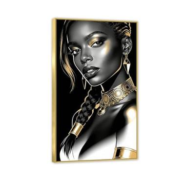 Imagem de Arte de parede feminina negra afro-americana pintura abstrata mulher dourada impressões em tela sala de estar quarto banheiro decoração de casa pronto para pendurar 50 x 85 cm (20 x 33 pol) moldura