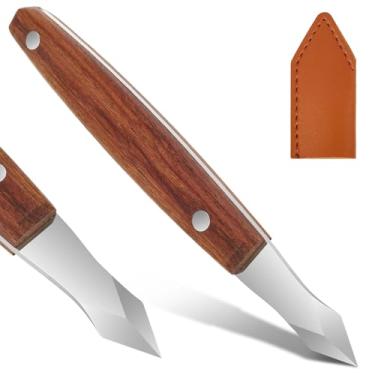 Imagem de Faca de marcação para marcenaria, faca resistente com bainha de couro PU, lâmina chanfrada dupla de aço inoxidável e cabo de madeira, ferramenta de escultura de escriba, dia dos pais, homem