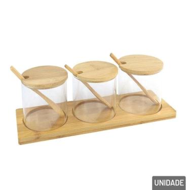 Imagem de Porta Condimento Vidro 03 Pçs Suporte de Bambu - Tudo em Caixa