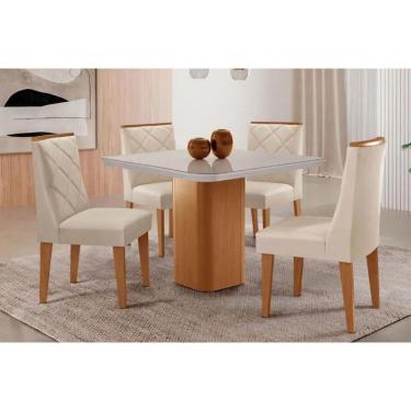 Imagem de Sala Jantar Mesa Maldivas Tampo c/ Vidro Curvo 90cm+4 Cadeiras Pietá Madeira Naturale/Off White - Capuccino/Suede Creme - Rufato