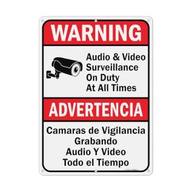 Imagem de GicnKeuz Placas de vigilância de áudio e vídeo em serviço em todos os momentos, sinal de aviso de segurança de 35,5 x 25,4 cm, alumínio refletivo, impermeável e resistente ao desbotamento, 6 furos