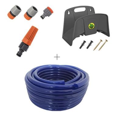 Imagem de Kit mangueira siliconada para jardim azul 20m com esguicho e engate ra