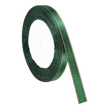 Imagem de PATIKIL Fita de cetim com borda dourada, dupla face de poliéster para embrulho de presente, buquês de flores, laços de cabelo, projetos de costura, verde floresta