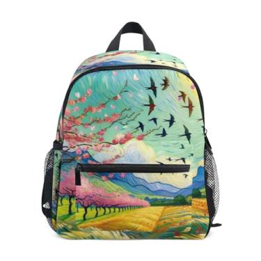 Imagem de GAIGEO Cherry Blossom Birds Scenery Mini Kids Backpack 10x4x12 In, Boys School Backpack with Water Bottle Pockets, Whistle Buckle