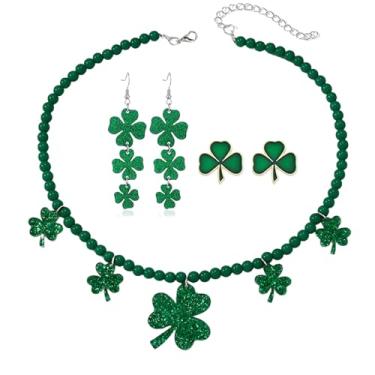 Imagem de QLUYCKW Conjunto de brincos de colar de dia de São Patrício para mulheres, moda, verde, trevo de três folhas, brincos com pingente de trevo boa sorte, dia de São Patrício, acessórios de férias, joias