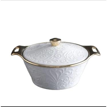 Imagem de Tigela de frutas de cerâmica elegante com tampa – Terrina de sopa de porcelana para servir e exibir – Tigela decorativa multiuso com alças – segura para micro-ondas e lava-louças – Branco clássico