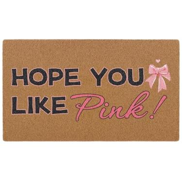 Imagem de Hope You Like Capacho com laço rosa para o outono bonito tapete de boas-vindas para porta da frente varanda entrada dormitório feminino decoração estética tapete de coco artificial 76 x 43 cm