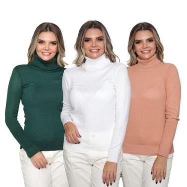 Imagem de Kit 3 Blusas Feminina Tricô Manga Longa Gola Alta Lã Inverno Casual - 