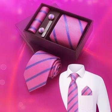 Imagem de Kit Gravata Masculina e Lenço Poliester Rosa Casamento