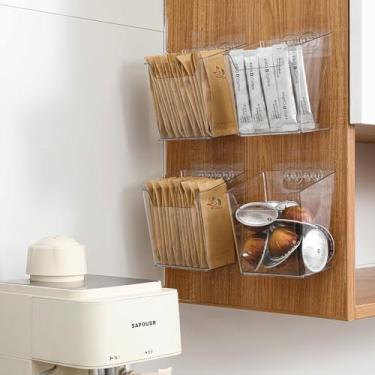 Imagem de Pacote com 4 organizadores de porta de armário adesivos, armazenamento de cozinha, caixas de armazenamento de plástico, organizador de balcão de banheiro, prateleira de cesta suspensa para despensa