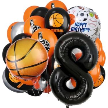 Imagem de Balões de basquete, balões de número preto, bolas de basquete laranja pretas impressas e balão de látex prateado (número 8)