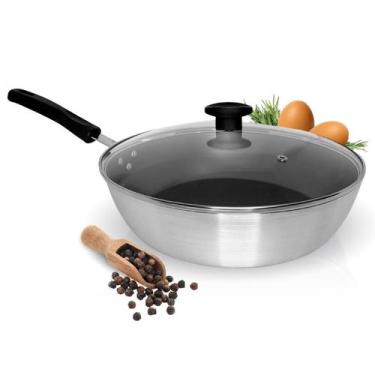 Imagem de Frigideira Wok Funda Com Tampa Chef Antiaderente 30 Cm Tampa de Vidro 