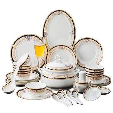 Imagem de Conjuntos de jantar Conjunto de utensílios de mesa de cerâmica para uso doméstico Bone China Tigelas e pratos Conjunto de cerâmica (Cor: Branco Tamanho: 56PC)