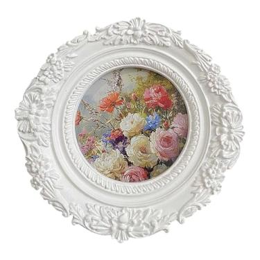 Imagem de Ioensy Suporte vintage oval para fotos e cartões, moldura branca para pôsteres, moldura decorativa ornamentada em resina para mesa, festa e corredor.