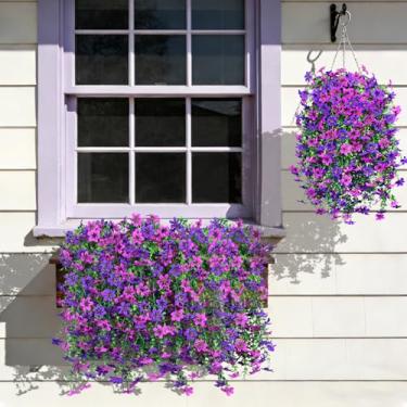 Imagem de INQCMY Decoração de flores artificiais para pendurar, 8 peças de plantas florais falsas para varanda ao ar livre, arbustos falsos, decoração de primavera, resistente a UV, violetas em vaso para jardim