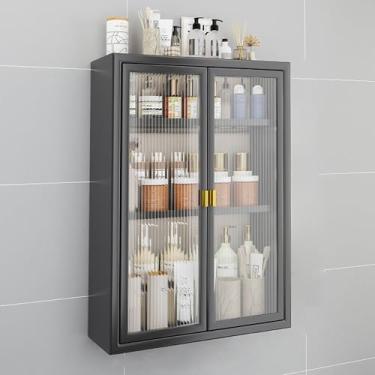 Imagem de Armário de remédios de metal montado na parede com portas de vidro - Armazenamento de banheiro com economia de espaço sobre vaso sanitário, ideal para cozinha e lavanderia, design preto elegante (40 x
