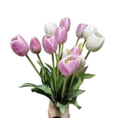 Imagem de 10 o'clock 15 peças de tulipas brancas + rosa, flores artificiais, tulipas falsas, toque real, buquê de flores falsas de látex para primavera, casamento, decoração de casa