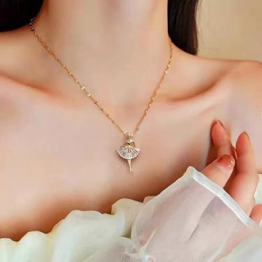 Imagem de Colar feminino com pingente de bailarina de princesa de aço inoxidável, banhado a ouro, elegante, cristal dançante, corrente ajustável, colar gargantilha recital para filha dançarina 45,7 cm, Medium