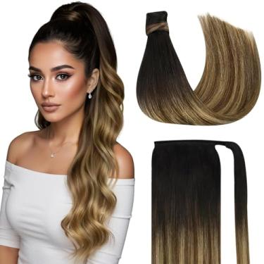 Imagem de Ve Sunny Extensões de cabelo rabo de cavalo cabelo humano real envoltório clipe em rabo de cavalo extensões de cabelo humano extensões retas cabelo humano para mulheres preto ombré marrom escuro