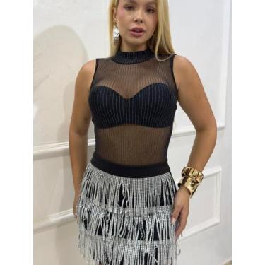 Imagem de Body regata hematita tule transparente com aplique de fios lurex - Pod