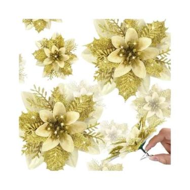 Imagem de Flores De Natal Artificiais Com Glitter De 14,5cm, 10 Peças, Decoração