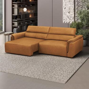 Imagem de Sofá Decorativo Lorenzo 3 Lugares Sala de estar 220cm Reclinável e Retrátil Couro Caramelo Manchado G88 - Gran Belo